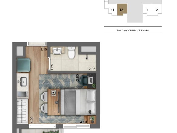 Planta studio de 21 m² do Cyrela Atmosfera 360 Apartments