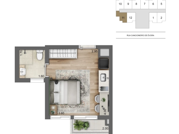 Planta studio de 23 m² do Cyrela Atmosfera 360 Apartments
