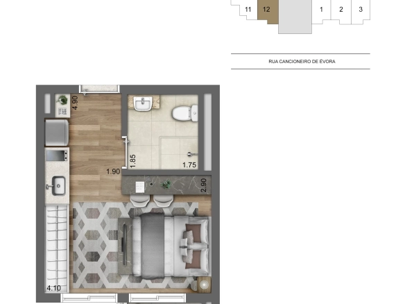 Primeira planta studio de 25 m² do Cyrela Atmosfera 360 Apartments