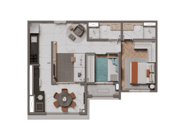 Planta Padrão 58 m² - 2 Dormitórios 1 Suíte do Brooklyn Bridge by Cyrela