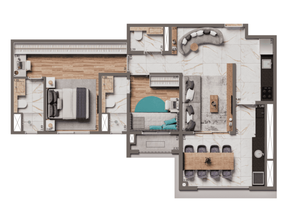 Planta Padrão 74 m² - 2 Suítes do Brooklyn Bridge by Cyrela