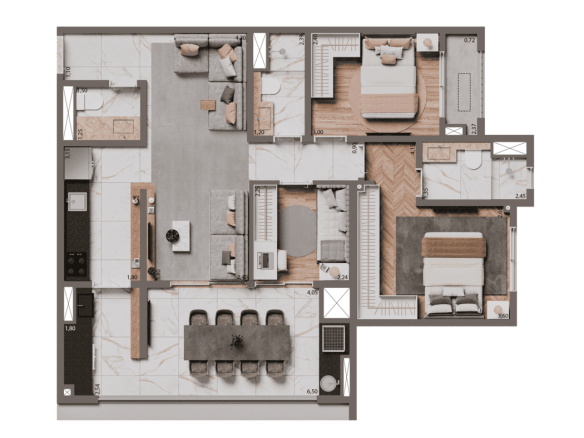 Planta Padrão 84 m² - 3 Dormitórios 1 Suíte do Brooklyn Bridge by Cyrela