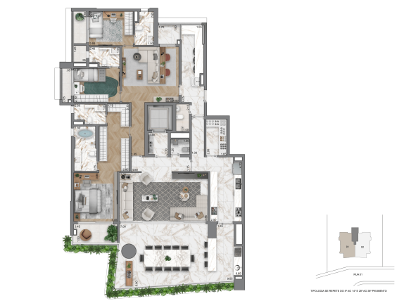 Planta opção II de 263 m² com 3 suítes do Casa Eden by YOO West
