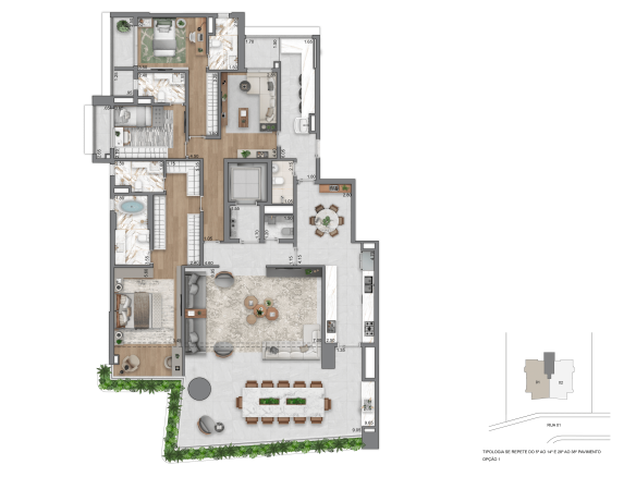 Planta opção I de 263 m² com 3 suítes do Casa Eden by YOO West