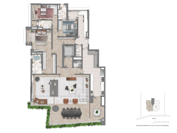 Planta opção III de 263 m² com 3 suítes do Casa Eden by YOO West