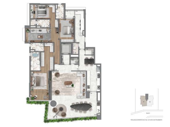 Planta opção IV de 263 m² com 3 suítes do Casa Eden by YOO West