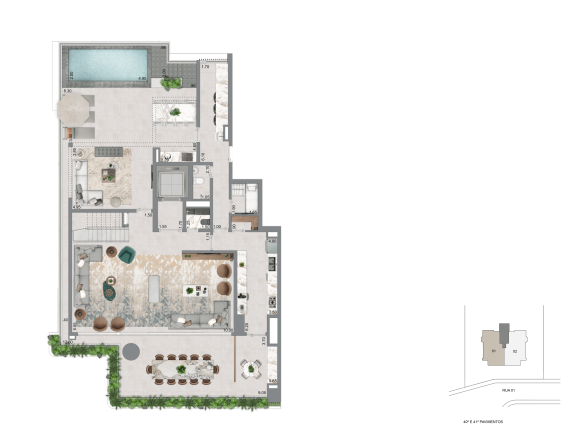 Planta do pavimento inferior do duplex de 438 m² do Casa Eden by YOO West