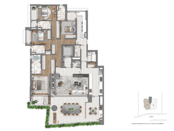 Planta padrão de 263 m² com 4 suítes do Casa Eden by YOO West