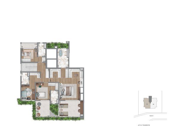 Planta do pavimento superior do duplex de 438 m² do Casa Eden by YOO West