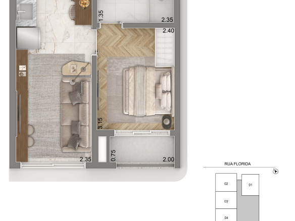 Planta de 31,5 m² com um dormitório