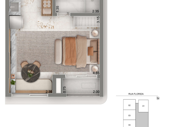 Planta de 31,5 m² em configuração studio