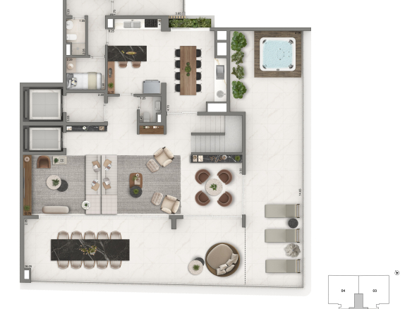 Planta do pavimento inferior do duplex de 436 m²