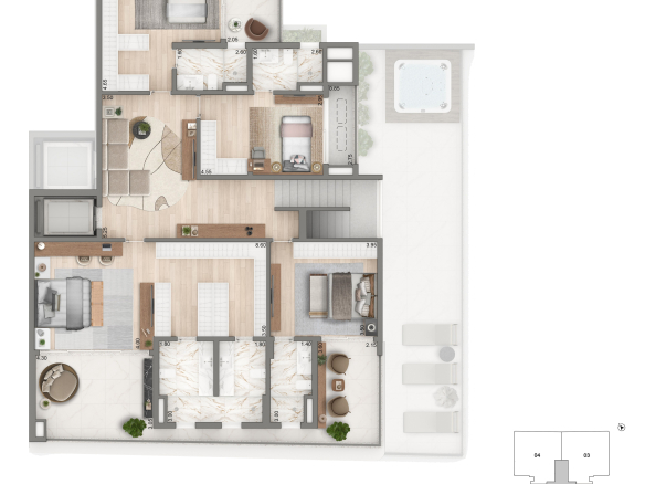 Planta do pavimento superior do duplex de 436 m²