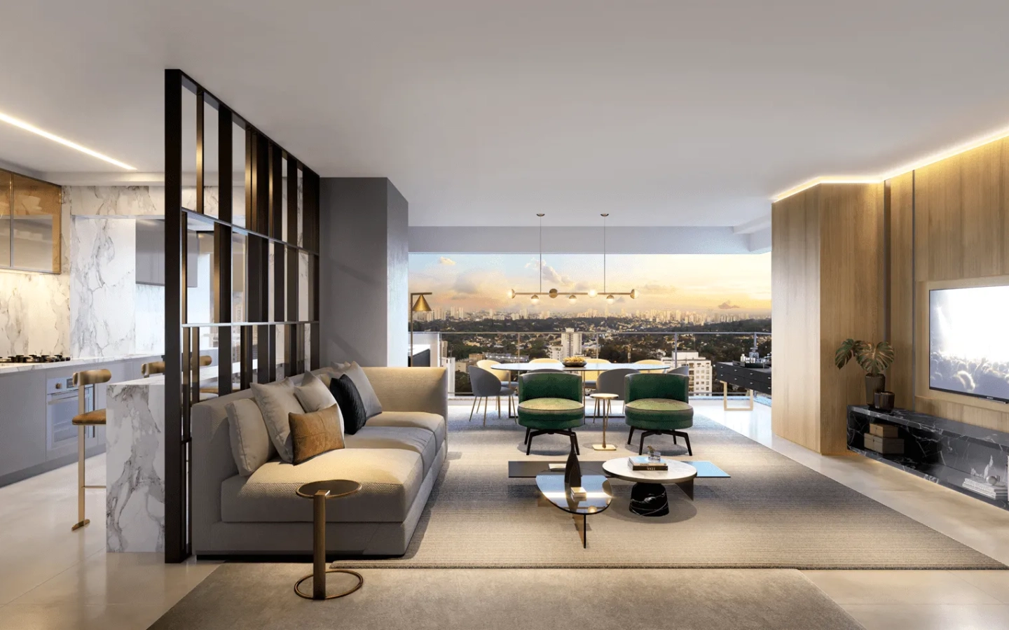 Living do apartamento de 110 m² do Cyrela Atmosfera 360