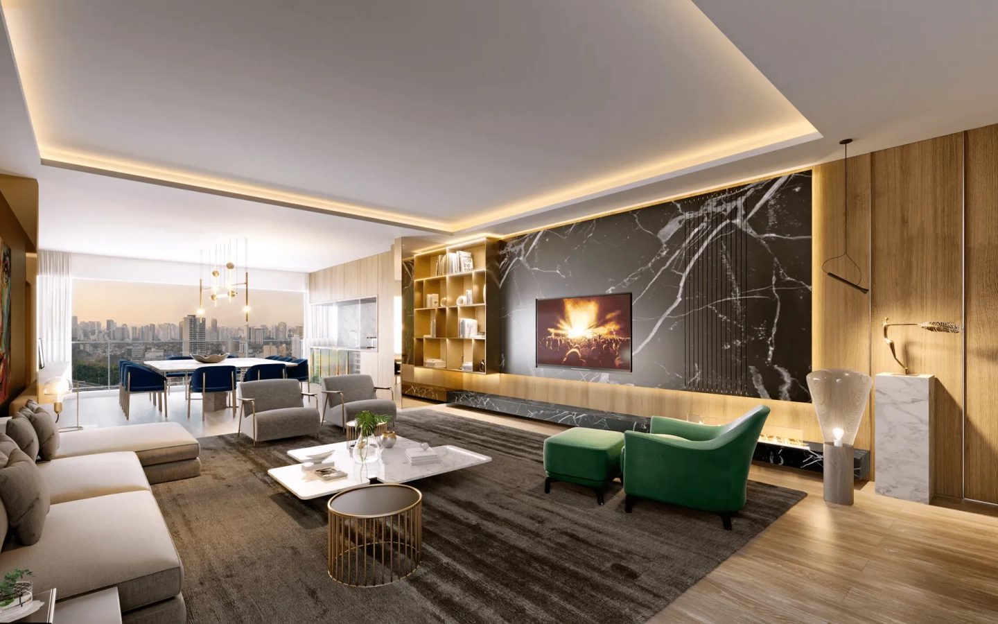 Living do apartamento de 157 m² do Cyrela Atmosfera 360