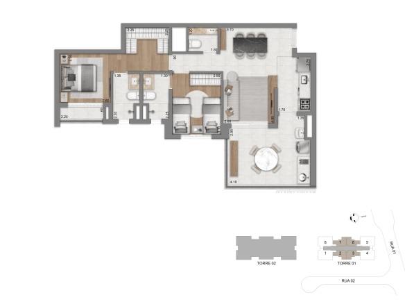 Planta tipo de 77 m² com 2 suítes do Eden West