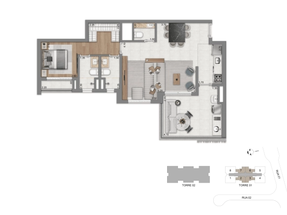 Planta opção de 77 m² com 1 suíte do Eden West