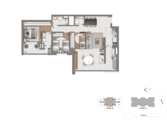 Planta tipo de 94 m² com 3 dormitórios e 1 suíte do Eden West