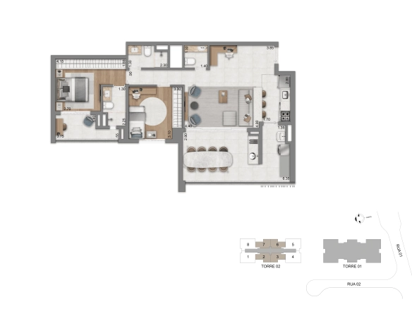 Planta opção de 94 m² com 3 dormitórios e 1 suíte do Eden West
