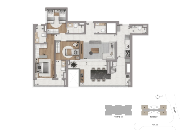 Planta tipo de 123 m² com 3 suítes do Eden West
