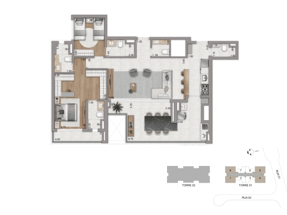 Planta opção de 123 m² com 3 suítes do Eden West