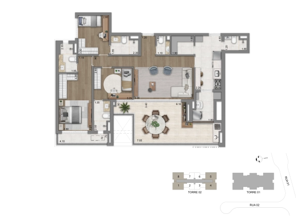 Planta tipo de 134 m² com 3 suítes do Eden West