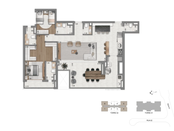 Planta opção de 134 m² com 2 suítes do Eden West