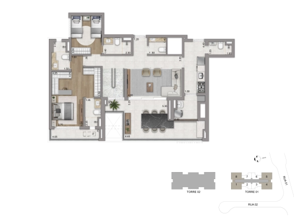 Planta do pavimento inferior do duplex de 247 m² do Eden West