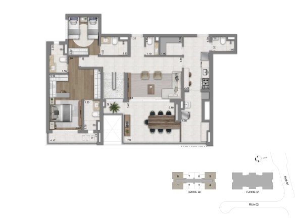 Planta do pavimento inferior do duplex de 270 m² do Eden West