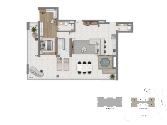 Planta do pavimento superior do duplex de 247 m² do Eden West