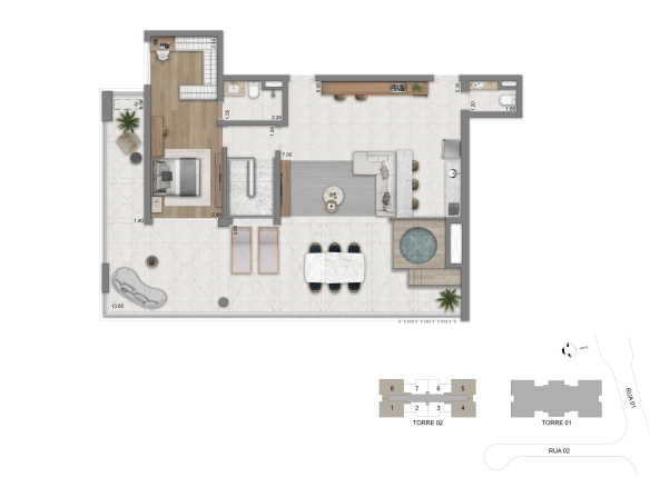 Planta do pavimento superior do duplex de 270 m² do Eden West