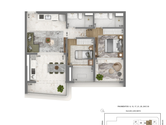 Escape Brooklin — planta privativa de 80 m² — Tipo B com 2 dormitórios e 1 suíte