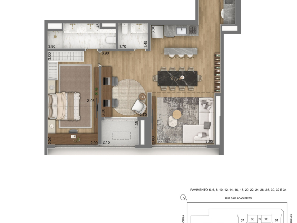 Escape Brooklin — planta privativa de 79 m² — Tipo A com 1 suíte e home office
