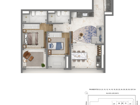 Escape Brooklin — planta privativa de 79 m² — Tipo A com 2 dormitórios e 1 suíte