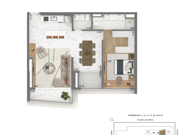 Escape Brooklin — planta privativa de 80 m² — Tipo B com 1 suíte e sala ampliada