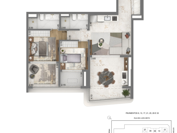Escape Brooklin — planta privativa de 84 m² — 2 dormitórios incluindo 1 suíte