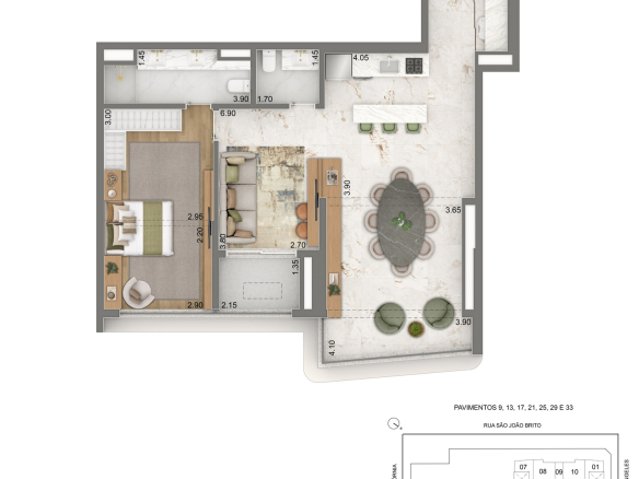 Escape Brooklin — planta privativa de 84 m² — 1 suíte com sala ampliada