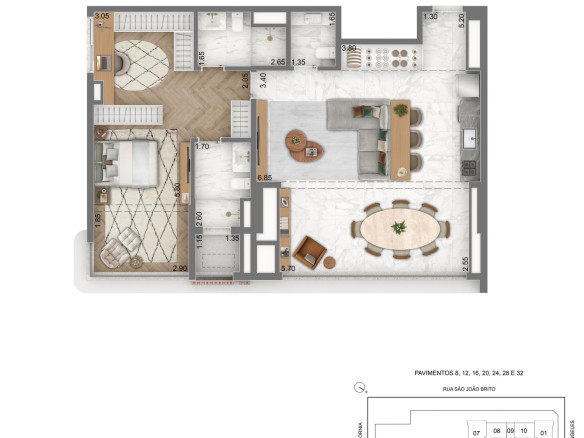 Escape Brooklin — planta privativa de 96 m² — 1 suíte com sala ampliada