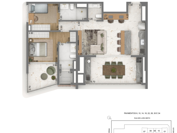 Escape Brooklin — planta privativa de 97 m² — 2 suítes com pé-direito duplo