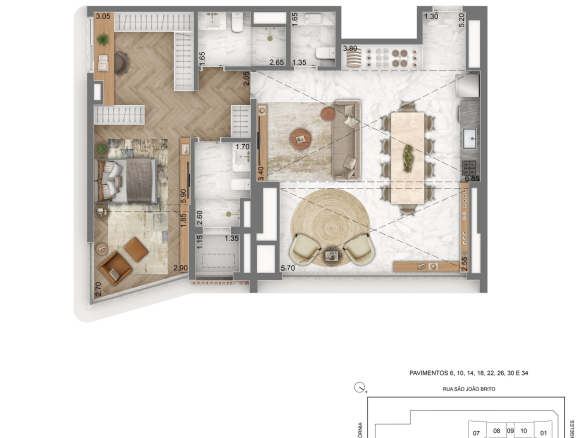 Escape Brooklin — planta privativa de 97 m² — 1 suíte com living ampliado e pé-direito duplo