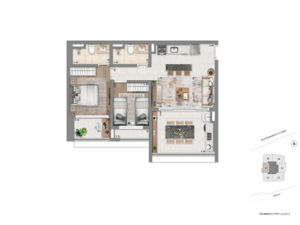 Planta 70 m² 2 dormitórios do Escape Eden no Brooklin