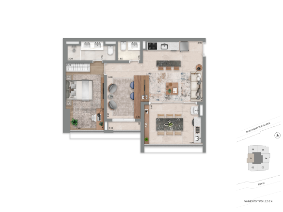 Planta 70 m² suíte master do Escape Eden no Brooklin