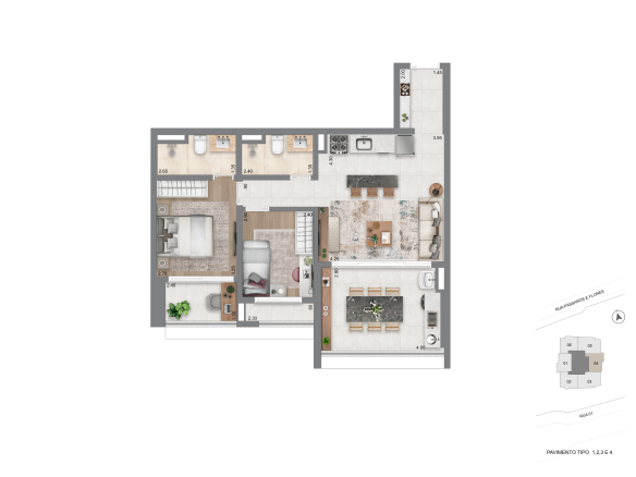 Planta 74 m² 2 dormitórios do Escape Eden no Brooklin