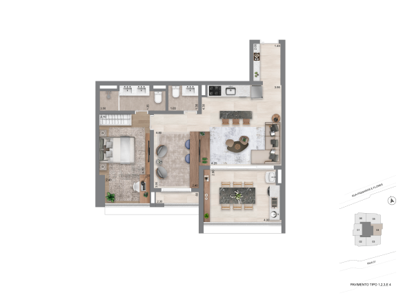 Planta 74 m² suíte master do Escape Eden no Brooklin