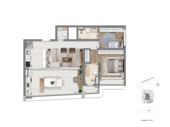 Planta 94 m² padrão 2 suítes do Escape Eden no Brooklin
