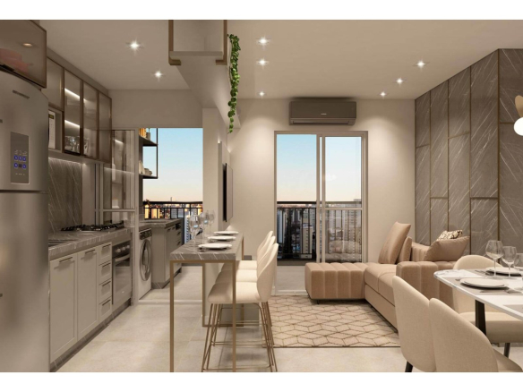 Sala e cozinha integradas do apartamento decorado do Firenze Residencial