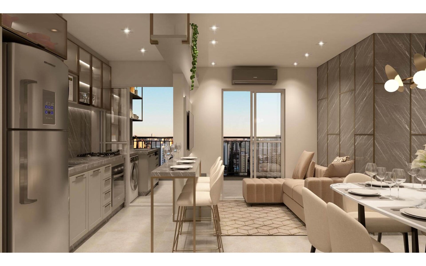Sala e cozinha integradas do apartamento decorado do Firenze Residencial