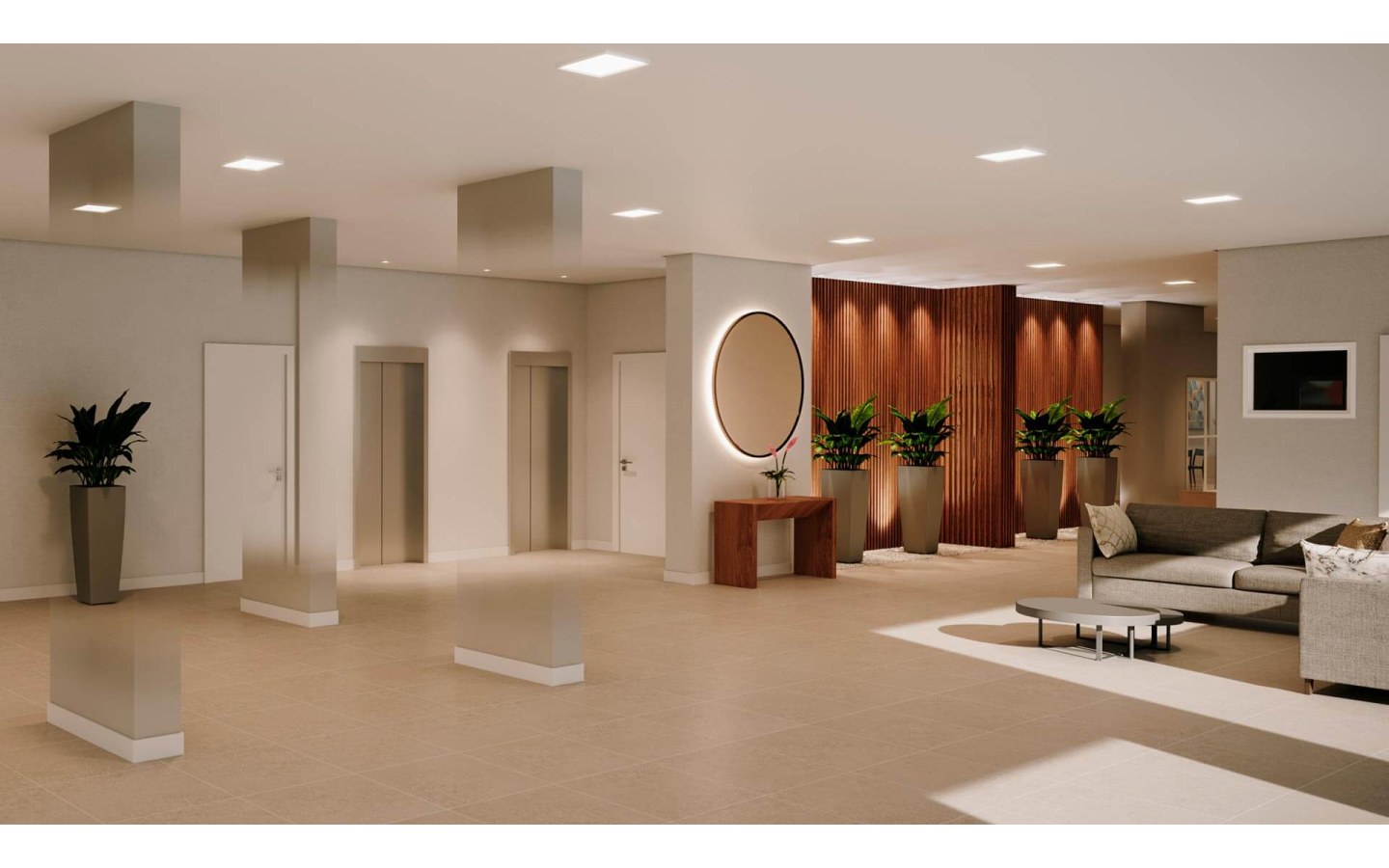 Hall social decorado do Firenze Residencial em Osasco