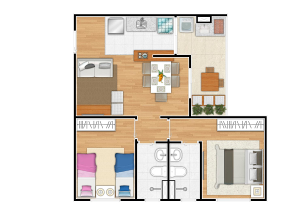 Firenze Residencial pronto: Planta integral de meio, 55 m², 2 dormitórios e 1 suíte