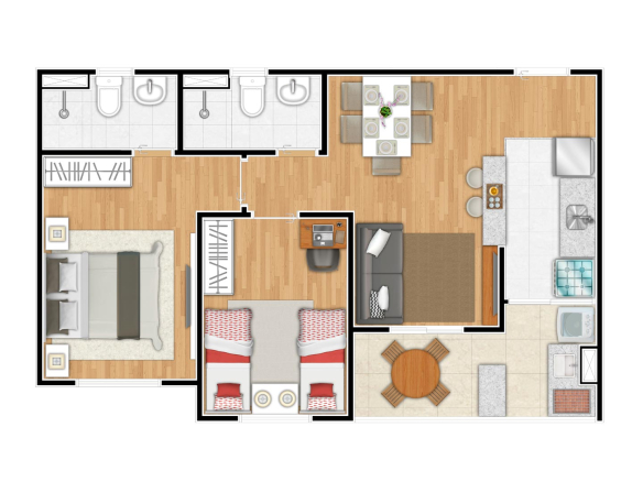 Firenze Residencial pronto: Planta integral de ponta, 55 m², 2 dormitórios e 1 suíte
